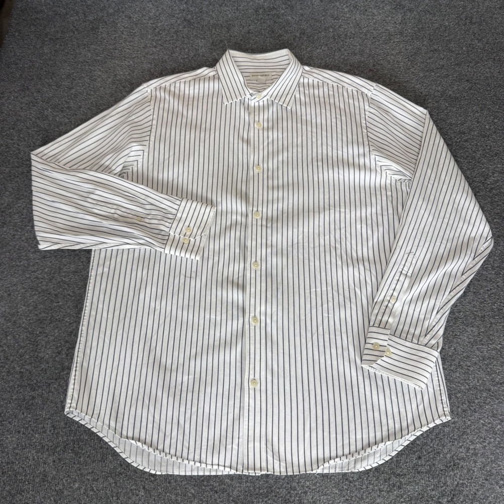 Banana Republic Mens‎ XL 17-17.5 White Blue Striped Cotton Long Sleeve Button Up
